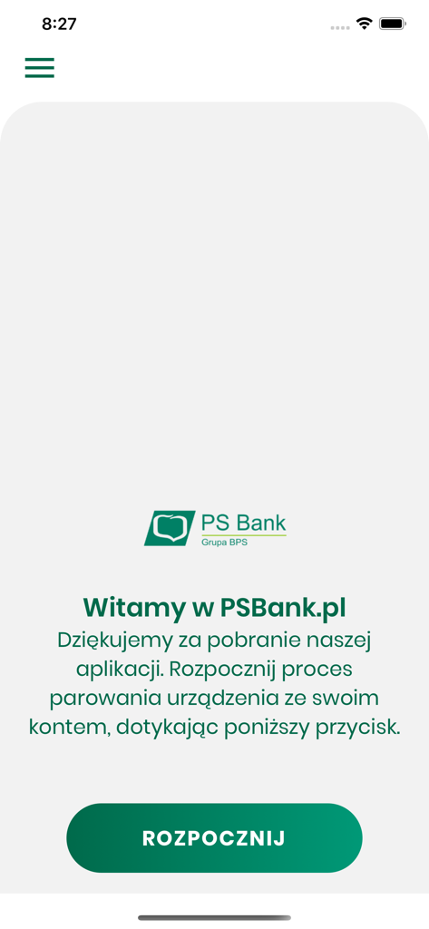 PSBank.pl - PSBankモバイルアプリのウェルカムスクリーン。デバイスペアリングを開始するための開始ボタンが表示されます。