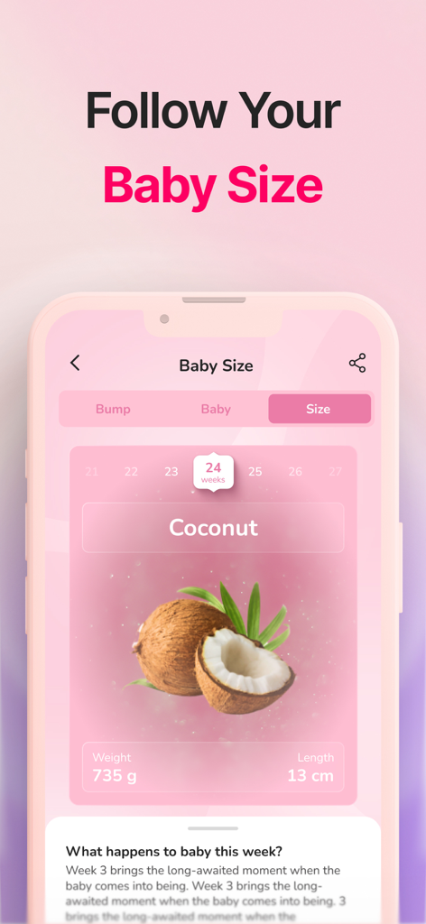 Period Tracker－Pregnancy・Femin - Interfaz de la aplicación Femin que muestra la semana 24 de embarazo con el tamaño del bebé comparado con un coco.
