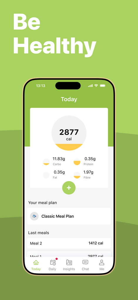 Vivid: Mediterranean Diet - Panel de seguimiento diario de calorías y macros en la aplicación móvil Vivid Mediterranean Diet que muestra calorías totales y desglose nutricional.