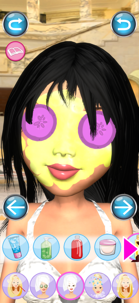 Princesa Angela recibiendo una mascarilla facial amarilla y tratamiento de ojos con pepino en la sección de spa