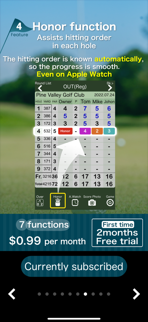 Best Score - Golf Score Manage - Best Score golf app screenshot showing the automatic honor function for tracking hitting order on a digital scorecard.