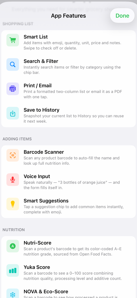Grocery/ShoppingList - A detailed list of MyGroceryList app features including smart list tools, barcode scanner for nutrition facts, and health scores.
