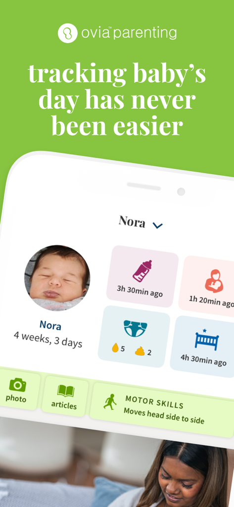 Ovia Parenting app dashboard tracking baby feeding and sleep activities