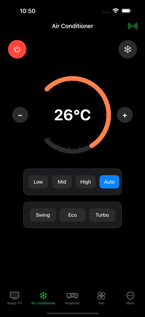 Sharp TV Remote - Air conditioner control screen in the Sharp TV Remote app showing temperature and fan speed settings