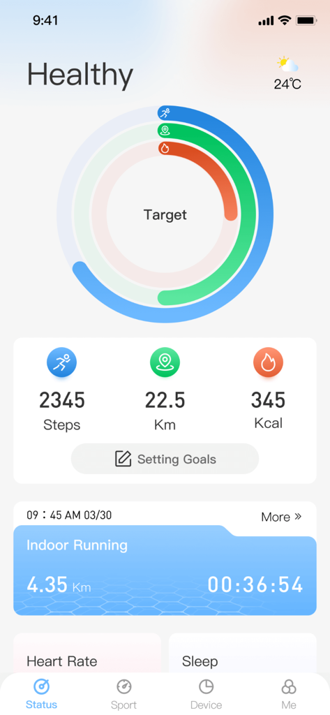 STF Watch app status screen showing circular activity progress rings for steps distance and calories with recent indoor running data