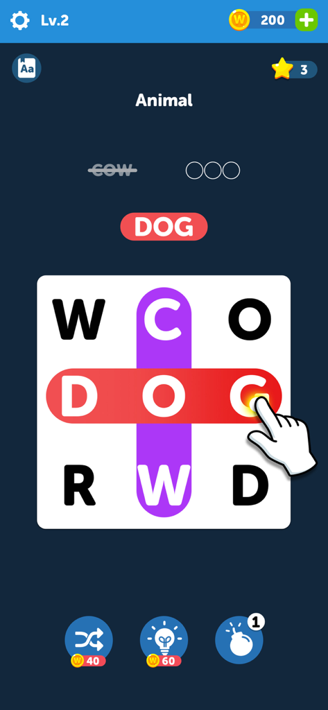 Wonder Word: Word Search Games - Una pantalla simple de puzzle de buscar palabras de Wonder Word que muestra la palabra DOG resaltada en una cuadrícula de 3x3.