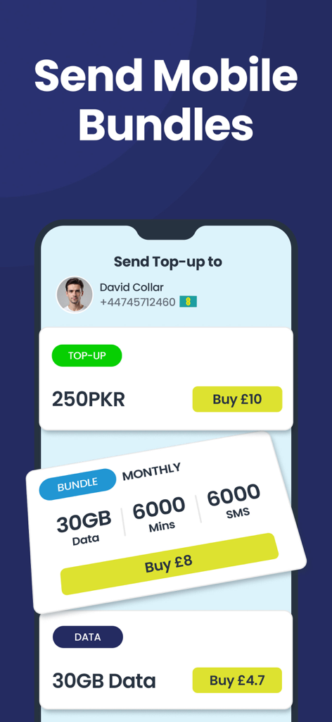 Talk Home: Cheap Calls - Interfaz de la aplicación móvil para enviar recargas telefónicas internacionales y paquetes de datos.