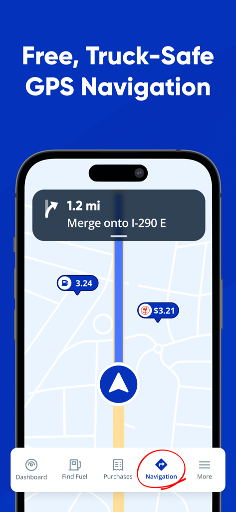 Mudflap - Smartphone screen displaying the Mudflap app with truck-safe GPS navigation and diesel fuel price markers on a map.