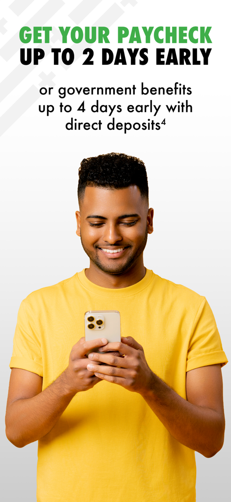 Xpectations!® Plus - Ein Mann lächelt auf sein Telefon, mit Text, der frühe Gehaltszahlungen und staatliche Leistungen über Direktüberweisung hervorhebt