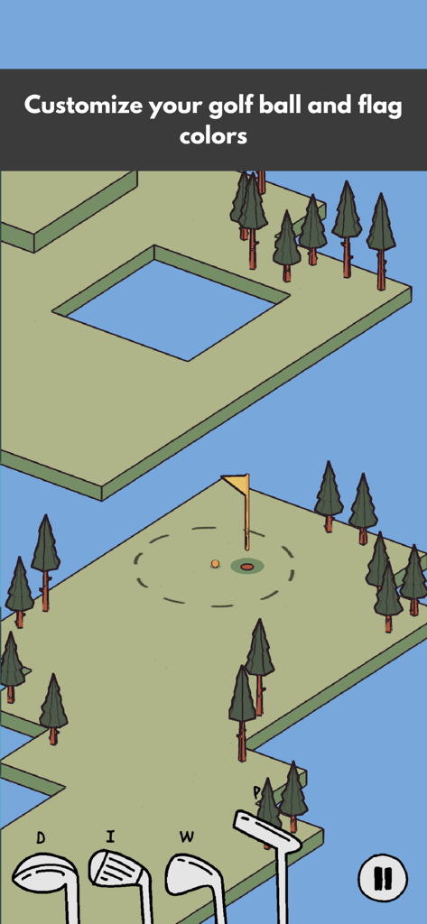 Cozy Golf - A hand-drawn isometric golf course scene showing the option to customize golf ball and flag colors.