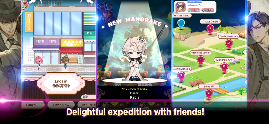 Mandrake Boys Global - Captures d'écran du gameplay de Mandrake Boys Global montrant le déblocage d'un nouveau personnage et la carte d'expédition