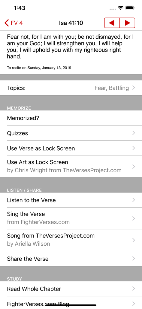Fighter Verses: memorize Bible - The Fighter Verses app screen displaying Isaiah 41 10 with menu options for quizzes and verse memorization.