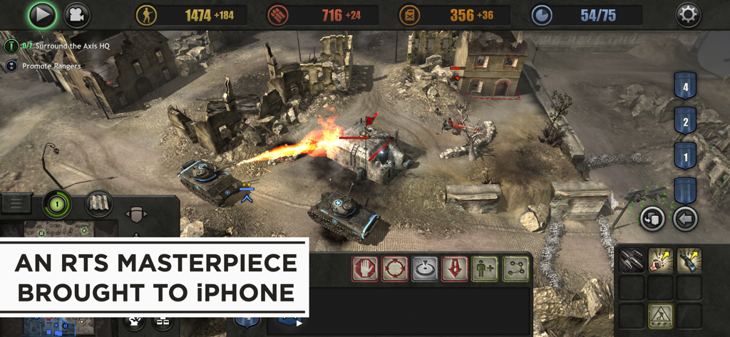 Company of Heroes - Company of Heroes real-time strategy gameplay on iPhone featuring tactical tank combat in a ruined city environment.