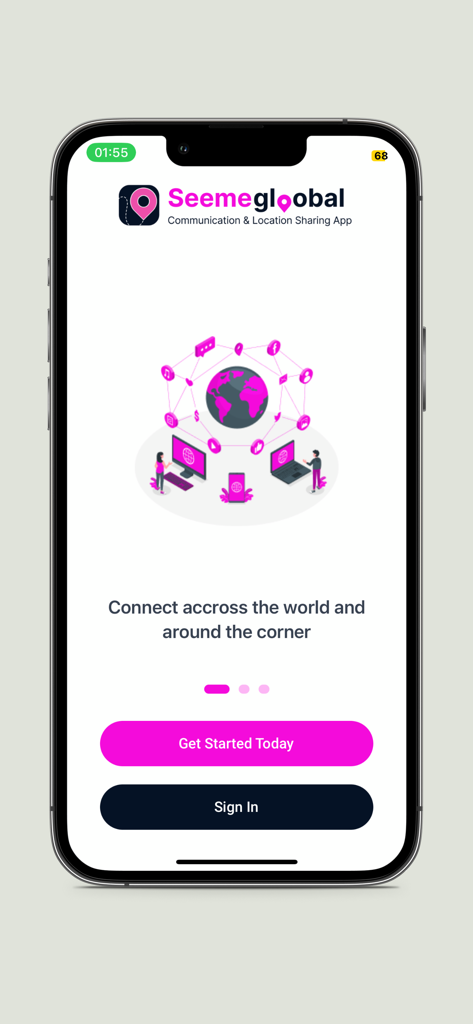 Seemeglobal welcome screen with an illustration of global connectivity and buttons to get started or sign in.