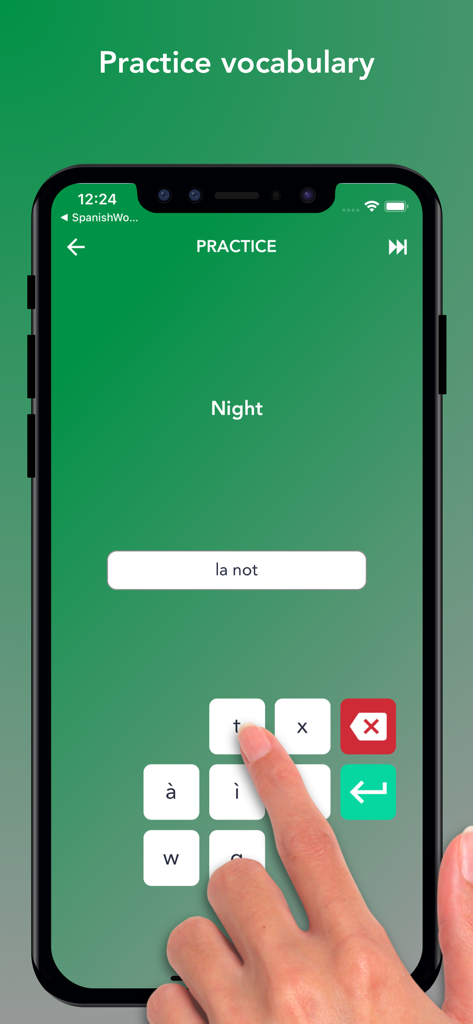 Tobo: Learn Italian Vocabulary - A person using the Tobo app to practice Italian vocabulary by typing the translation for Night.
