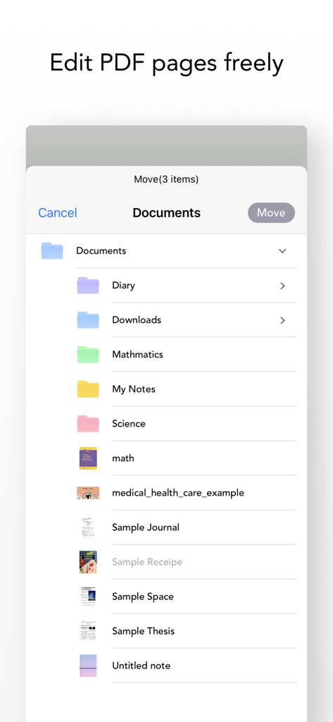 Interface of the Flexcil for Education app showing a list of academic folders and documents being organized