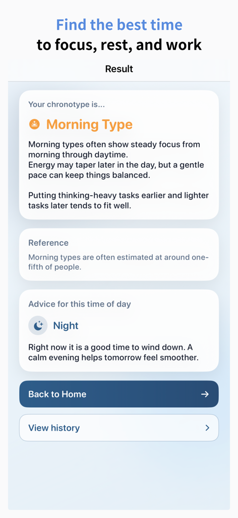 Body Clock: Chronotype Test - Body Clock app screenshot showing a Morning Type chronotype result with focus and rest advice.