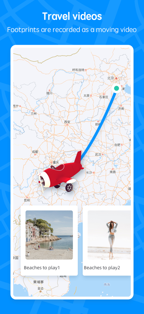 Travel Map:Journeys Route Plan - Una captura de pantalla de la aplicación Travel Map que muestra un avión rojo animado siguiendo una ruta de viaje en un mapa para crear un vídeo de viaje.