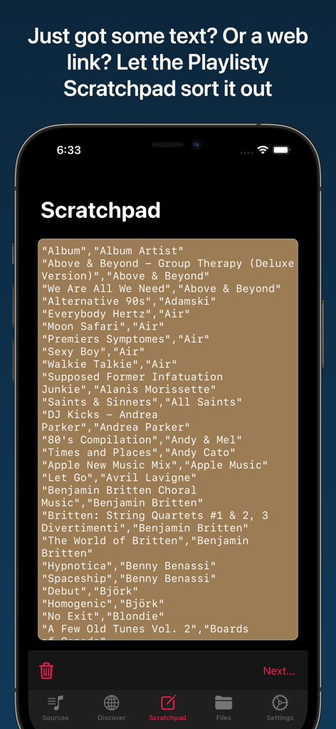 Playlisty for Apple Music - Ein Smartphone-Bildschirm, der die Playlisty Scratchpad-Funktion zeigt, mit der Text oder Weblinks in Apple Music Playlists importiert werden.