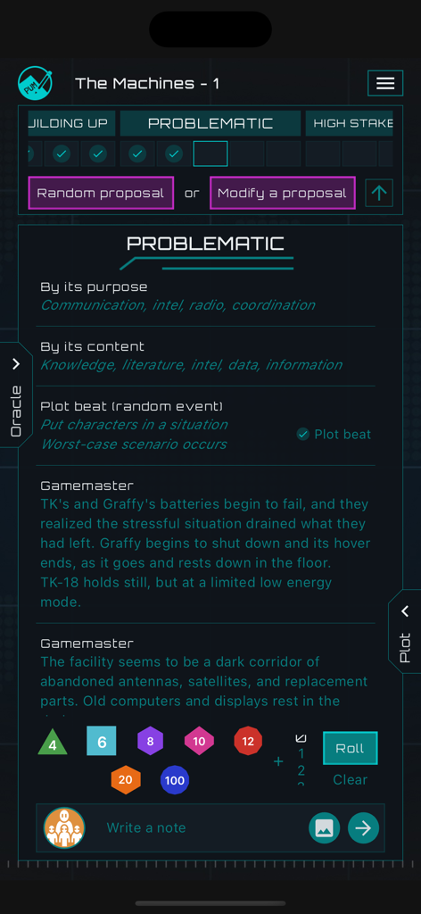 PUM Companion RPG Storytelling - Interface de PUM Companion montrant des outils de narration JdR solo, y compris des invites d'intrigue et des dés virtuels