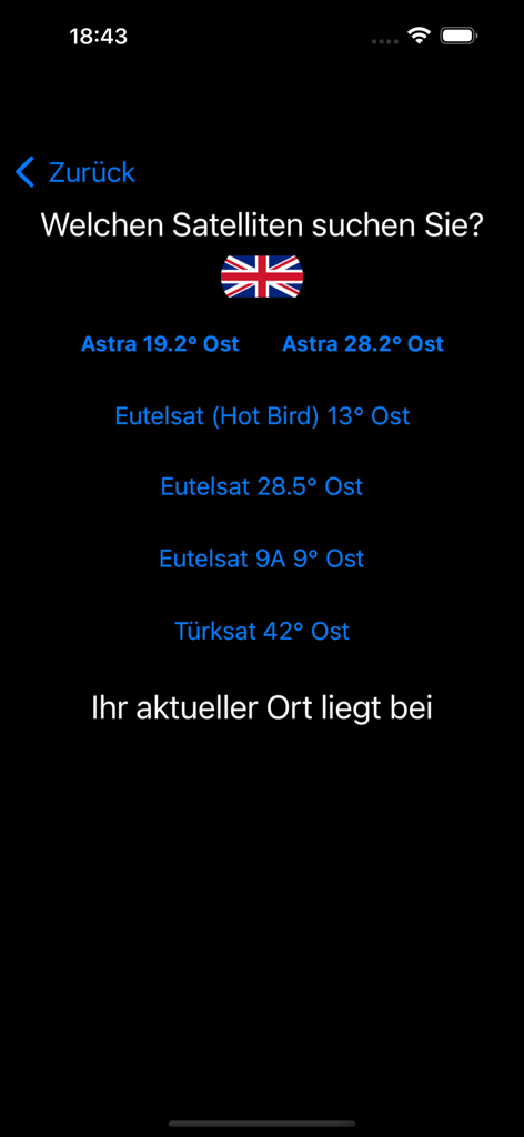 SatFinder GPS EU - A list of satellites to select for alignment in the SatFinder GPS EU mobile app