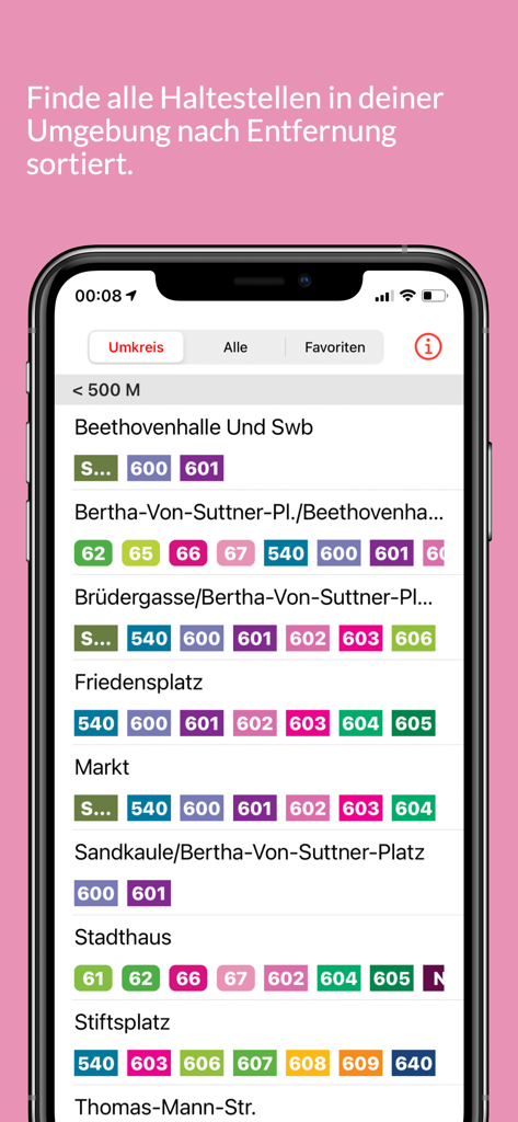 Una lista de paradas de autobús y tren cercanas en la aplicación Bonner Bus y Bahn que muestra números de línea y distancia.