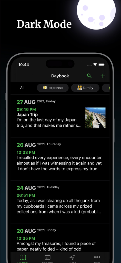 Daybook: AI Journal & Diary - Daybook AI Journal app interface featuring dark mode with a list of daily diary entries and categories.