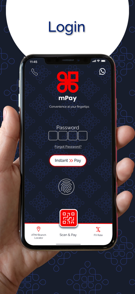 Pantalla de inicio de sesión de la aplicación móvil BNB MPay con entrada de contraseña de 4 dígitos, inicio de sesión biométrico por huella dactilar y acceso directo de escaneo y pago.