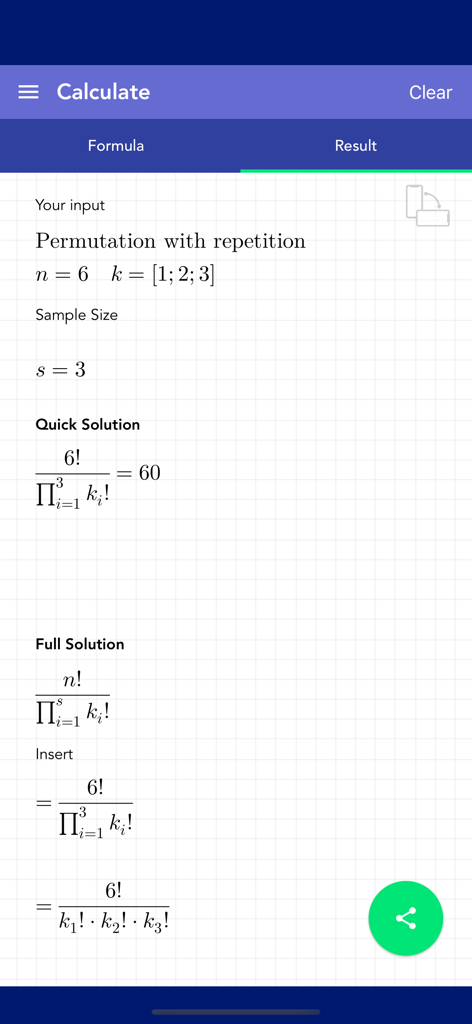 Combinatorics PRO - Eine schrittweise mathematische Lösung für ein Problem mit Permutationen mit Wiederholung, angezeigt in der Combinatorics PRO App