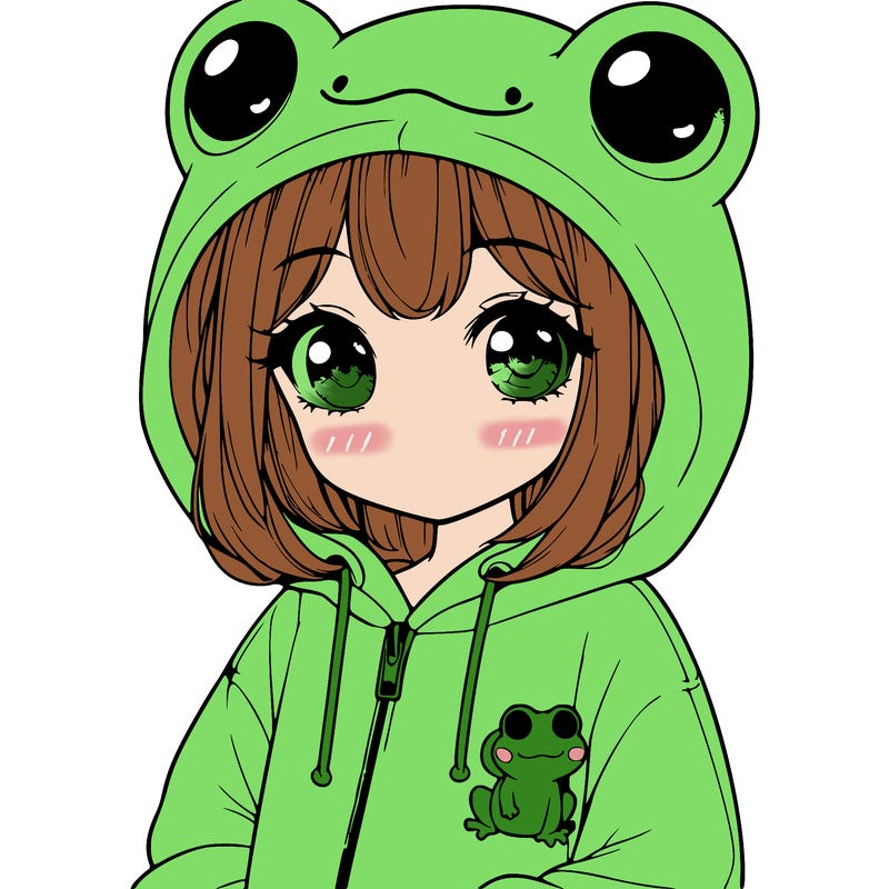 cute realistic girl in a froggy hoodie