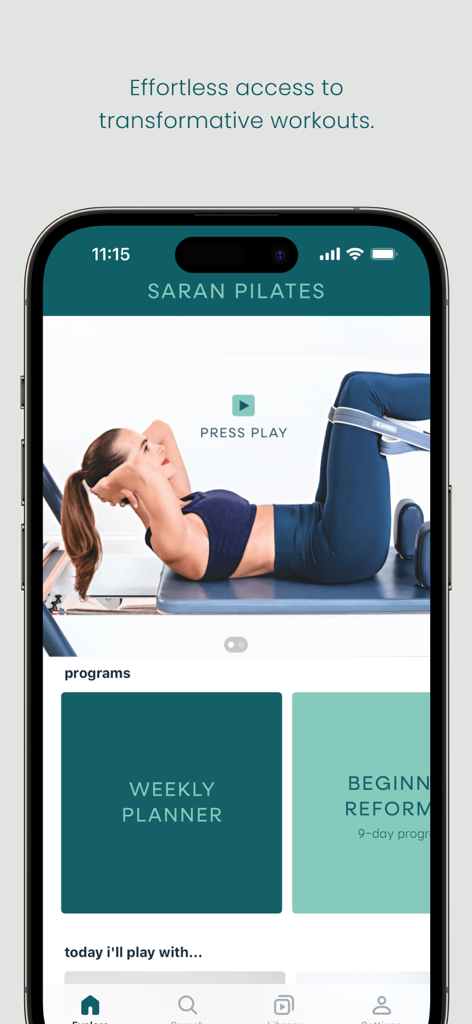 Saran Pilates - Interfaz de la aplicación móvil Saran Pilates que muestra una clase de reformer y un planificador de ejercicios semanal