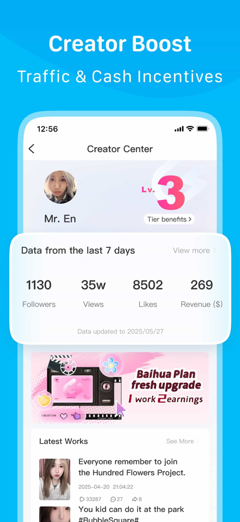 LesPark - Lesbian Community - Panel del Centro de Creadores de la aplicación LesPark mostrando métricas de participación y ganancias