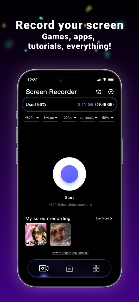 Screen Recorder:Video Recorder - Main dashboard of the Screen Recorder app on an iPhone showing a large start button and video quality settings.