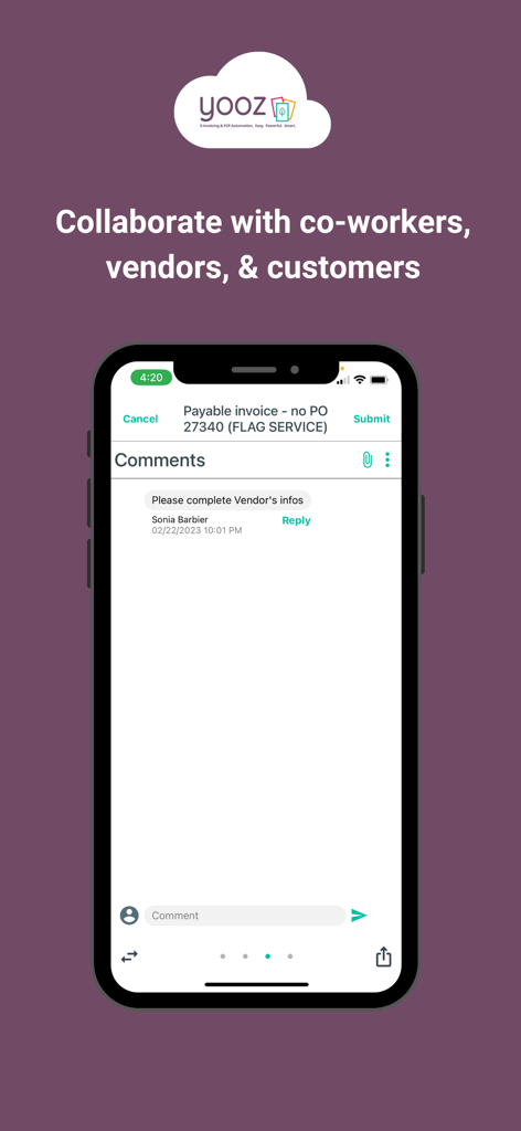 YoozMobile Rising - YoozMobile Rising app interface showing a comments section for collaborating on a payable invoice.