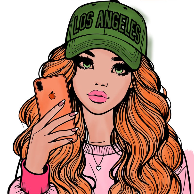 realistic beautiful girl wearing los ángeles cap holding an iphone