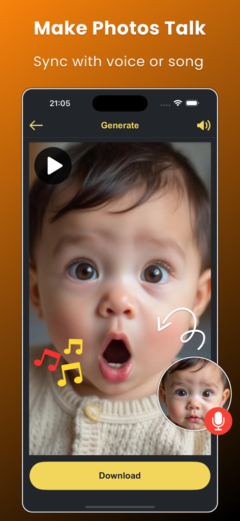 Face Over: AI Face Swap - A mobile screen showing the Face Over app feature that animates a baby photo to talk or sing using AI