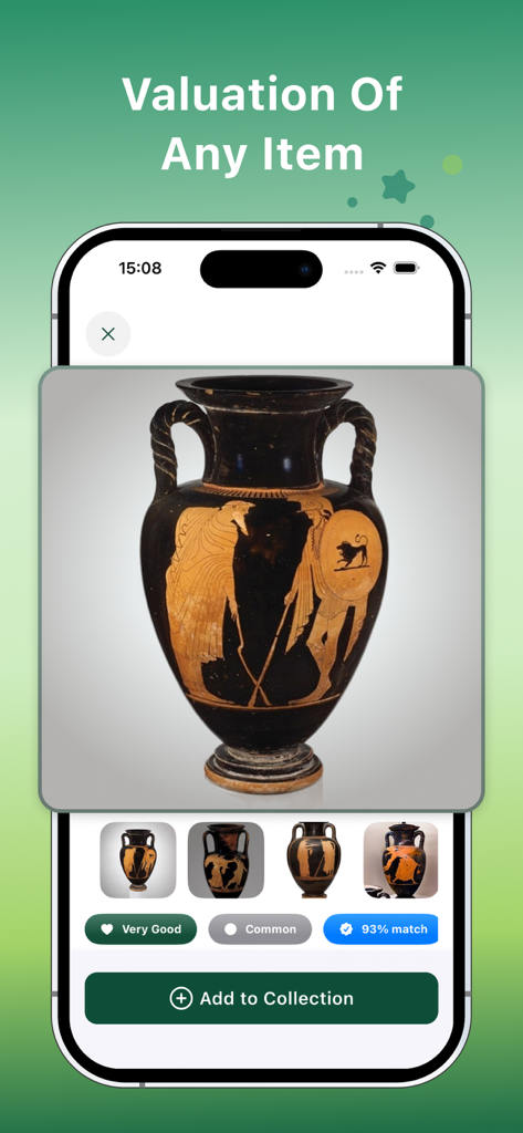 ThriftValue AI: Scan & Profit - Screenshot of ThriftValue AI app scanning a vintage Greek vase for resale valuation and matching results
