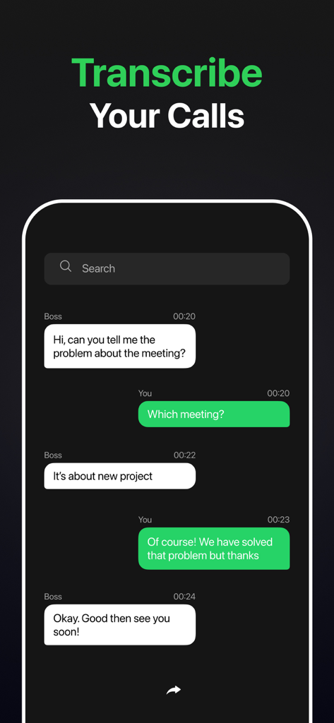 Kallix - Record Calls - Kallix app screen displaying a transcribed phone conversation in a chat layout