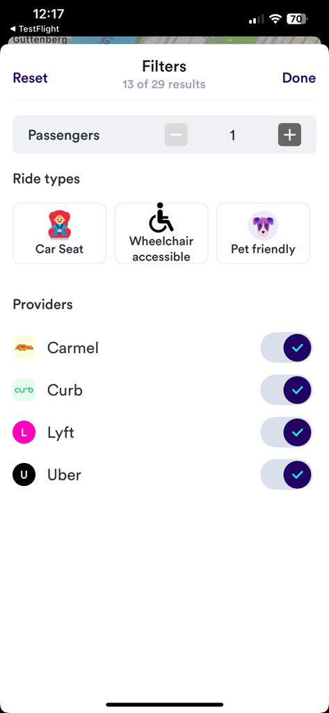 Obi - Get the cheapest ride. - Obi app filter interface showing options for passenger count ride types and service providers like Uber and Lyft