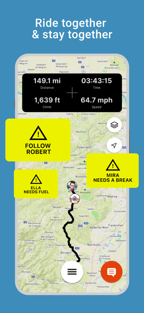 Motorcycle group navigation interface on the RISER app showing real-time rider alerts and trip statistics