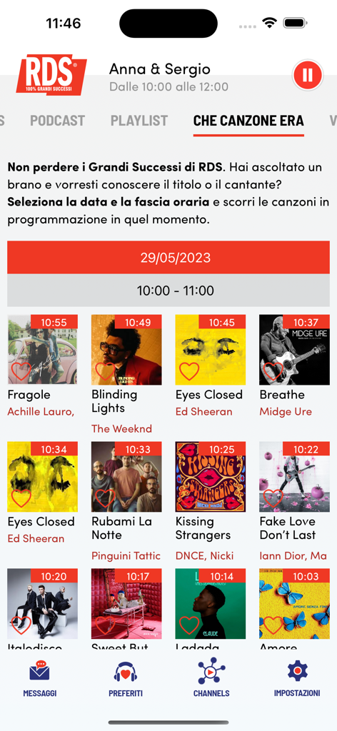 Schermata dell'app mobile RDS che mostra l'elenco dei brani riprodotti di recente con titoli e nomi degli artisti