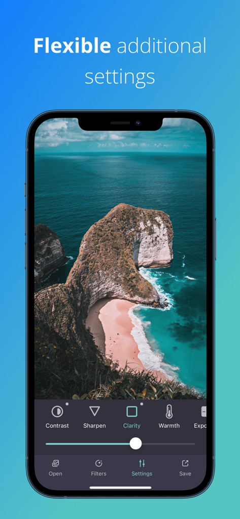 Teo - Teal and Orange Filters - Teo app interface showing image adjustment tools like clarity and contrast on a coastal landscape photo.