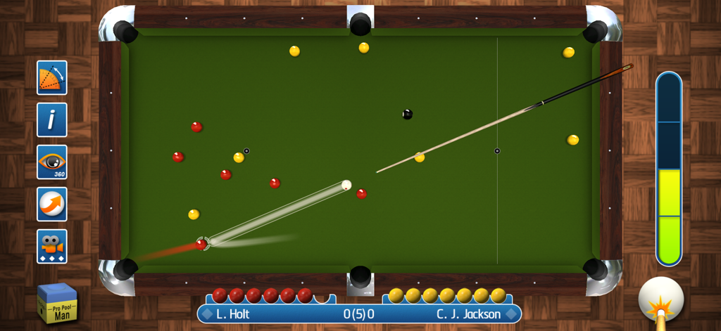 Top down view of a pool match in Pro Pool 2026 showing the aiming guide and ball layout