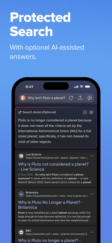 AI 지원 답변 상자가 있는 개인 검색 결과인 DuckDuckGo 모바일 앱 인터페이스.