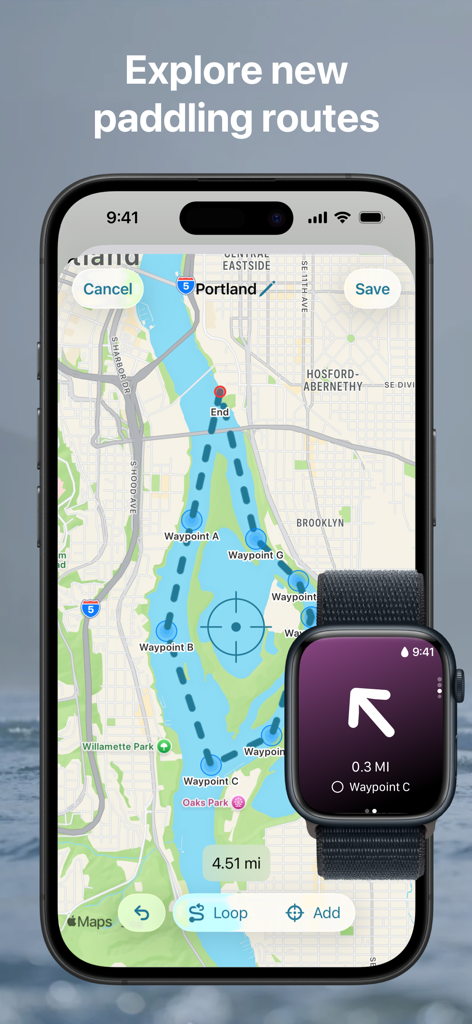 Paddle Logger: SUP & Kayaking - La aplicación Paddle Logger muestra una ruta de remo planificada en un mapa de iPhone y navegación en un Apple Watch.
