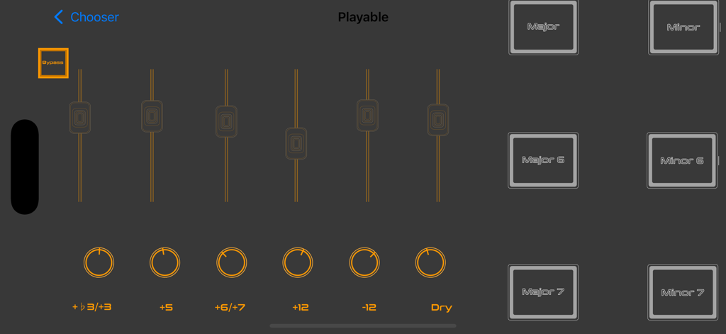 Interface do modo Playable do Zen Musical Harmonizer ZMH-1 com botões de acordes e controles deslizantes de harmonia