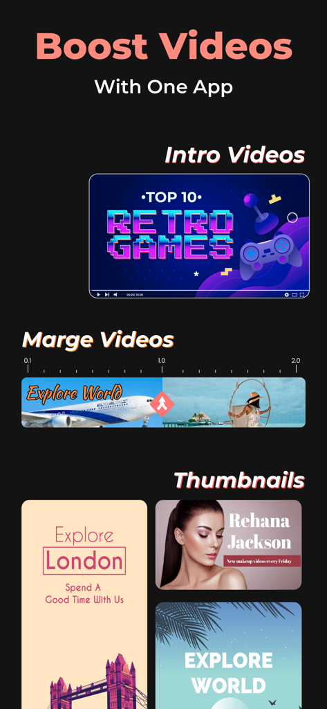 Aperçu des fonctionnalités de l'application Intro Maker, y compris les modèles de vidéos d'introduction, l'outil de fusion vidéo et le créateur de miniatures pour les réseaux sociaux