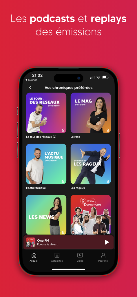 One FM - One FM app interface displaying various podcast and replay show categories