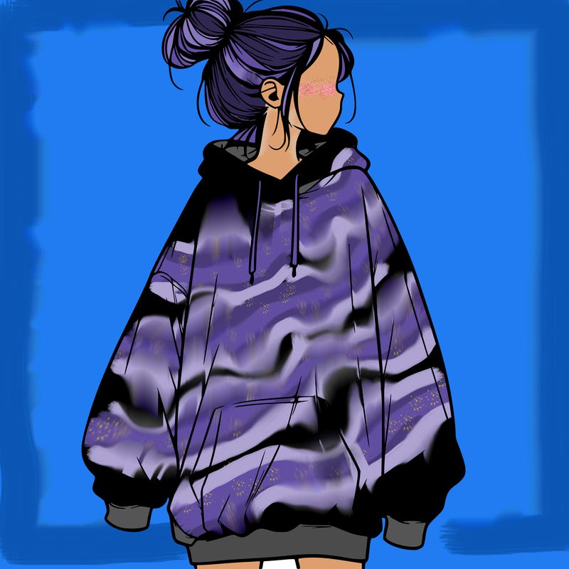 realistic girl with a oversized sweatshirt on and a bun
