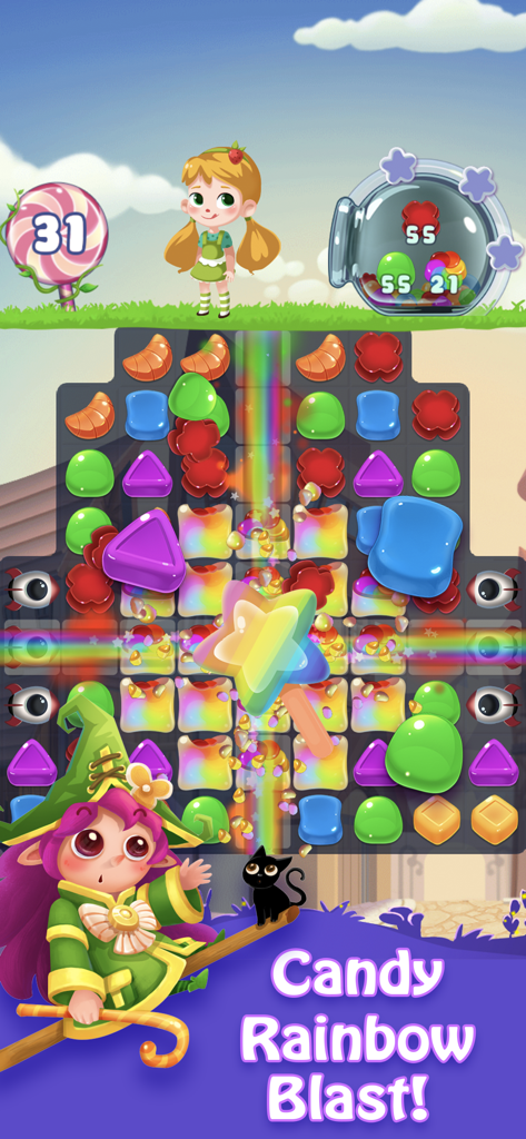 Candy Fever - Match 3 Games - Candy Fever Match 3 game level featuring a rainbow blast power up effect